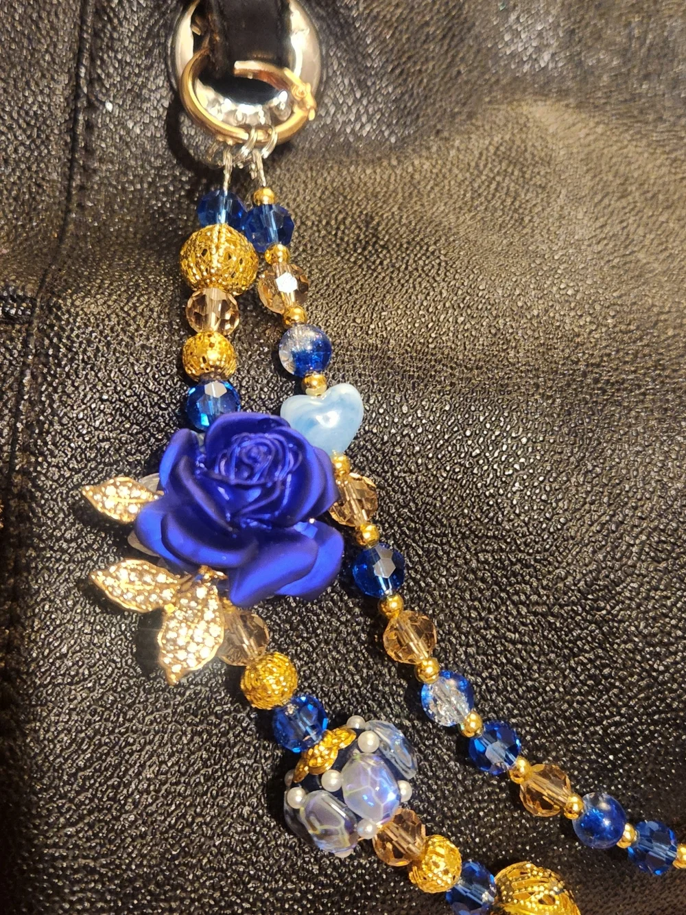 Blue Floral Crescent Moon Purse/Phone Charm